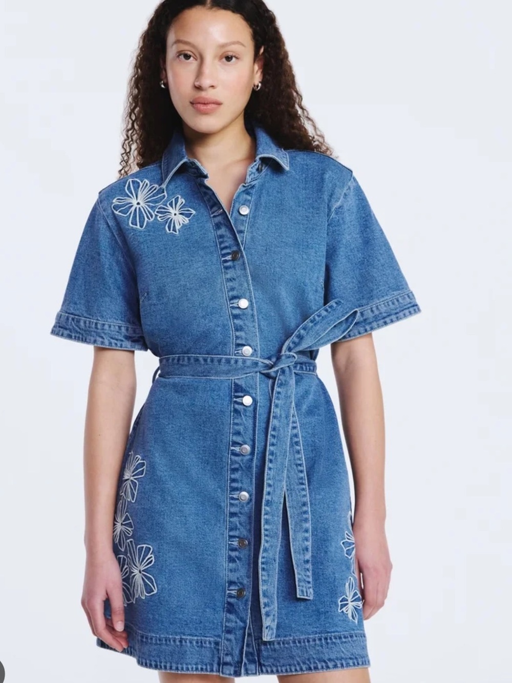 Free Assembly Denim Mini Dress 2X Embroidered Floral Belted Shirt Dress
